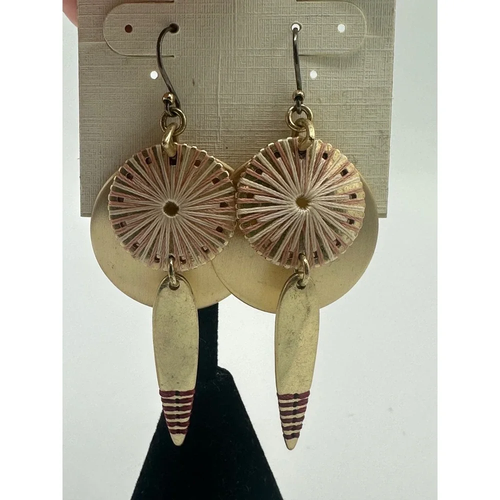 Lucky Brand Drop Earrings Women OS Gold Pink NEW Boho Thread Wrap Sunburst Leaf - Picture 2 of 5
